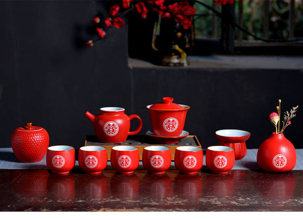 Luxury Double Happiness Ceramic Red Tea Set For Chinese Wedding - Chinese Wedding