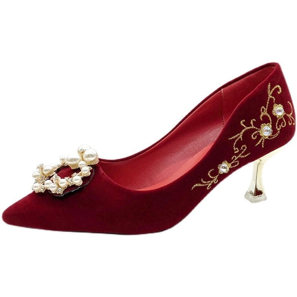 Elegant Embroidery Rhinestone Pearl Buckle Wedding Shoes for Chinese Wedding