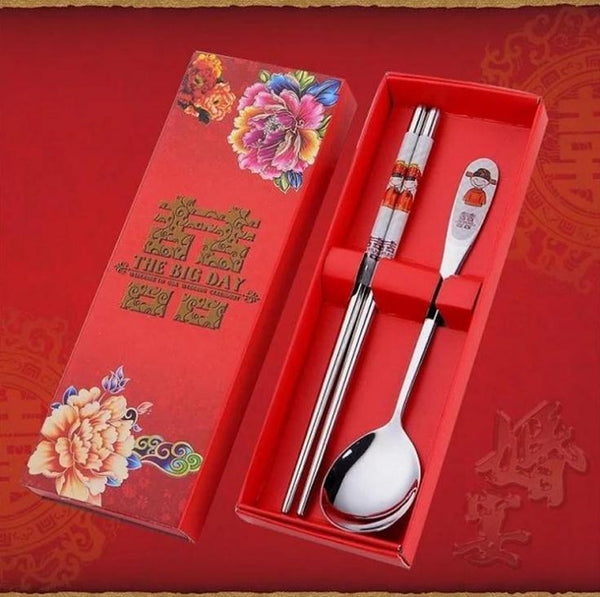 100PCS Stainless Steel Double Happiness Spoons & Chopsticks Set for Chinese Wedding - SN560 - Chinese Wedding