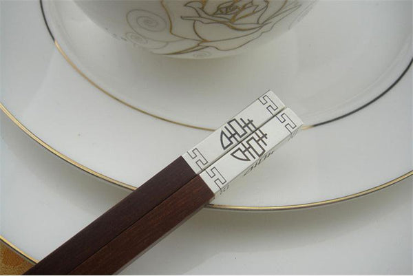 50 Pairs Double Happiness Gold Silver Red Sandalwood Wood Chopsticks for Chinese Weddings - SN1198 - Chinese Wedding