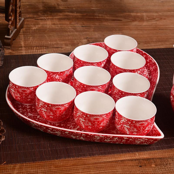 Chinese Wedding Ceramic Teapot and cups with Heart-Shaped Tray Set - Chinese Wedding