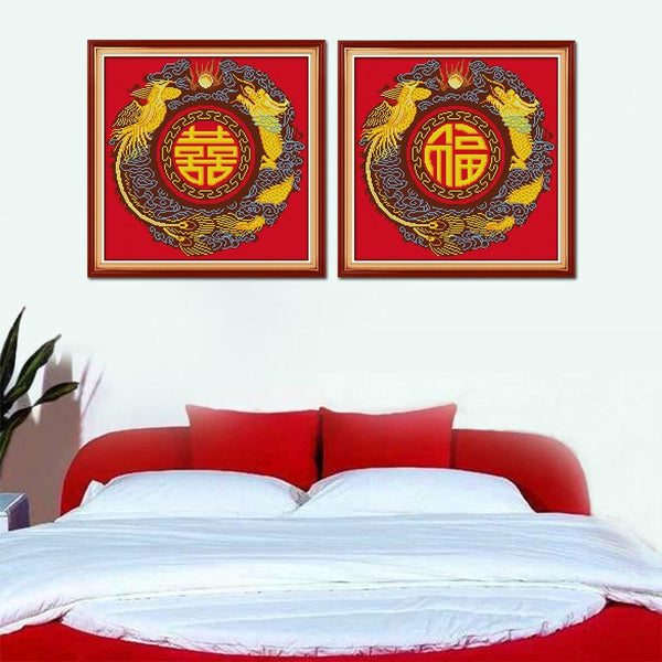 Double Happiness With Dragon And Phoenix Chinese Wedding Decoration - Chinese Wedding