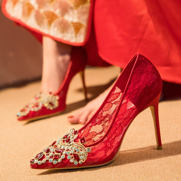 Red Women Lace Bride High Heel Shoes for Chinese Wedding - Chinese Wedding