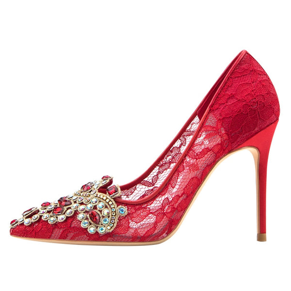 Red Women Lace Bride High Heel Shoes for Chinese Wedding - Chinese Wedding