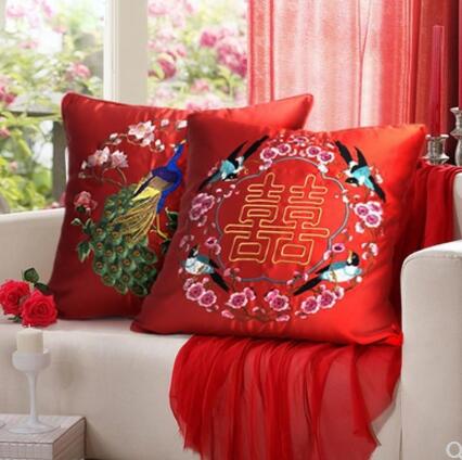 Red Embroidered Peacock Cushion Pillow Cover for Chinese Wedding - Chinese Wedding