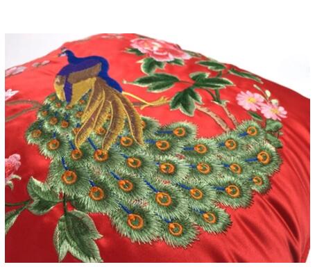Red Embroidered Peacock Cushion Pillow Cover for Chinese Wedding - Chinese Wedding