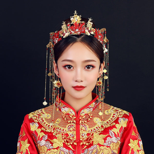 Bridal Red Phoenix Crown Hair Accessories for Chinese Wedding - Chinese Wedding