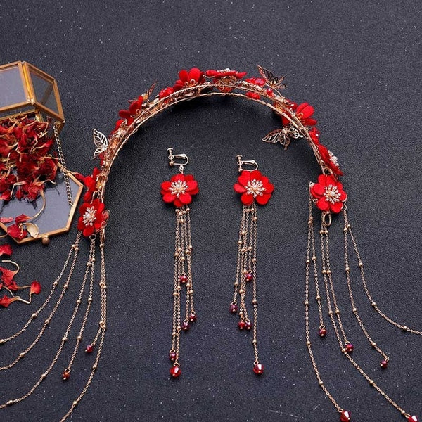 Bridal Red Flower Hair Accessories for Chinese Wedding - Chinese Wedding