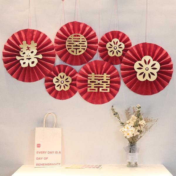 Double Happiness Red Paper Fan Decoration for Chinese Wedding - Chinese Wedding