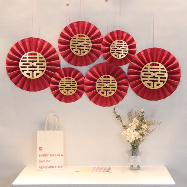 Double Happiness Red Paper Fan Decoration for Chinese Wedding - Chinese Wedding