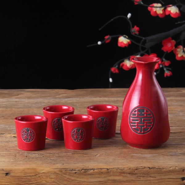 Chinese double happiness Ceramic Red Cup Pot Tableware Set for Chinese Wedding