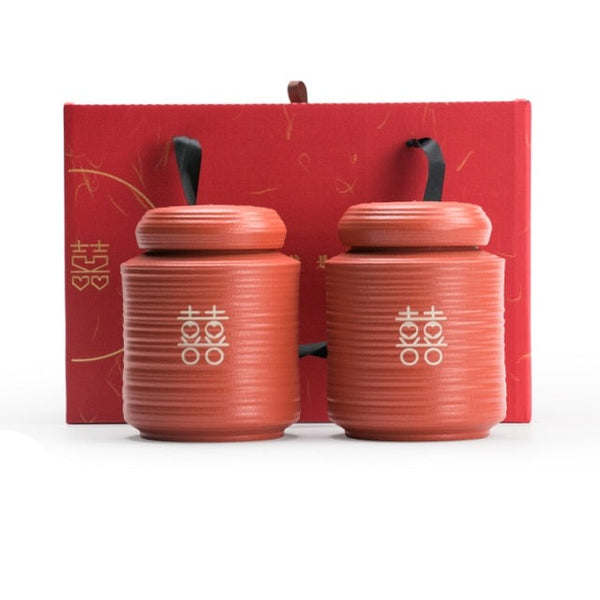 Double Happiness Red Ceramic Sealed Jar Bottle Container for Chinese Wedding