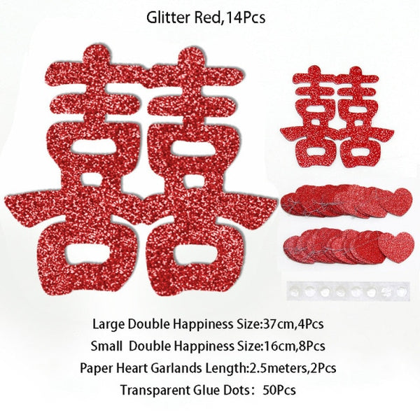Glitter Red Paper Double Happiness Wall Sticker Home Decor for Chinese Wedding