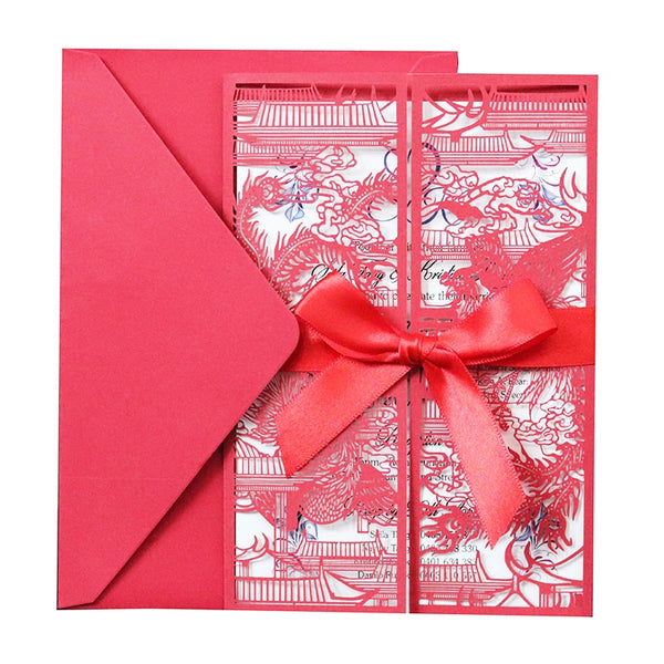 50PCS Red Laser Cut Wedding Invitation Card With Dragon Phoenix for Chinese Wedding