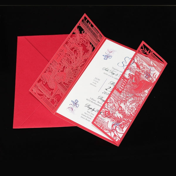 50PCS Red Laser Cut Wedding Invitation Card With Dragon Phoenix for Chinese Wedding