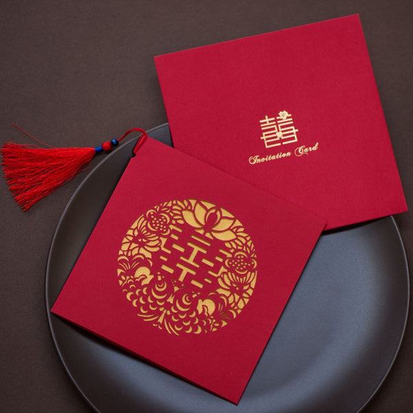 Red Classic Wedding Invitation Card With Tassel for Chinese Wedding