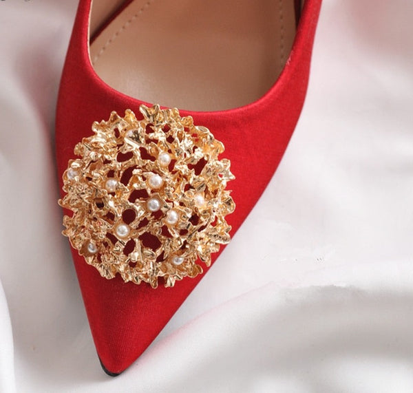 9 cm Red Wedding Shoes Pearl Metal Decoration Silk Satin High Heels for Chinese Wedding