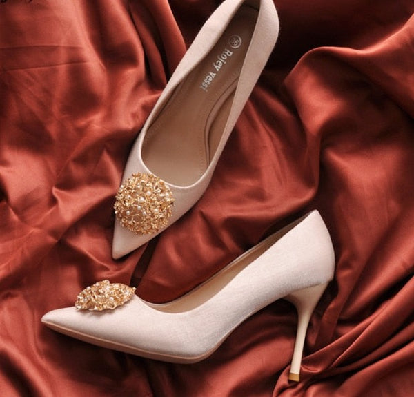 9 cm Red Wedding Shoes Pearl Metal Decoration Silk Satin High Heels for Chinese Wedding