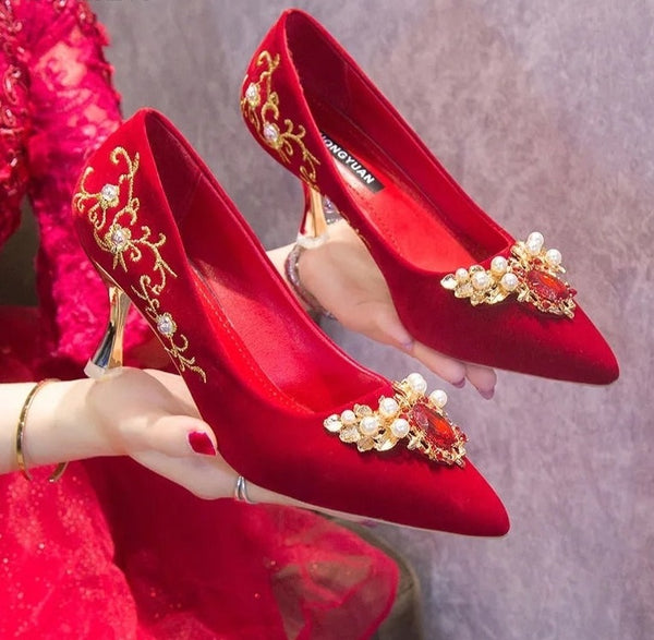Elegant Embroidery Rhinestone Pearl Buckle Wedding Shoes for Chinese Wedding