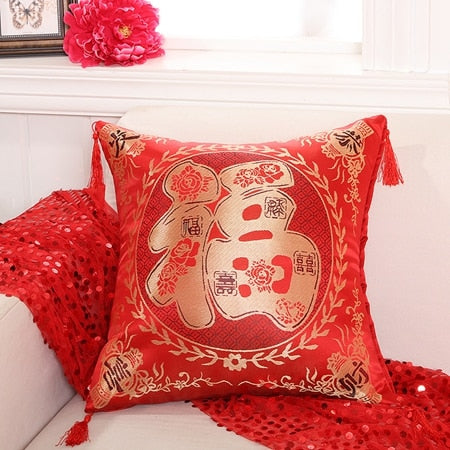 Red Embroidered Double Happiness Pillow Cover with Tassels for Traditional Chinese Wedding - JXA517 - Chinese Wedding
