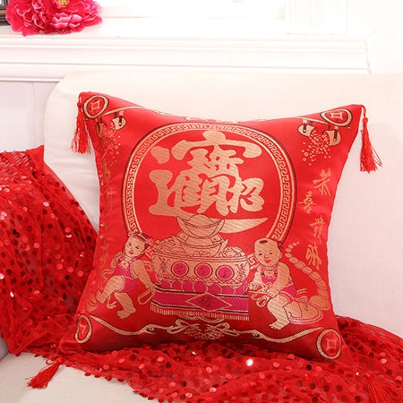Red Embroidered Double Happiness Pillow Cover with Tassels for Traditional Chinese Wedding - JXA517 - Chinese Wedding